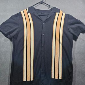 Vintage Style Black Tan Vertical Stripe Bowling Shirt Retro Rockabilly Button Up
